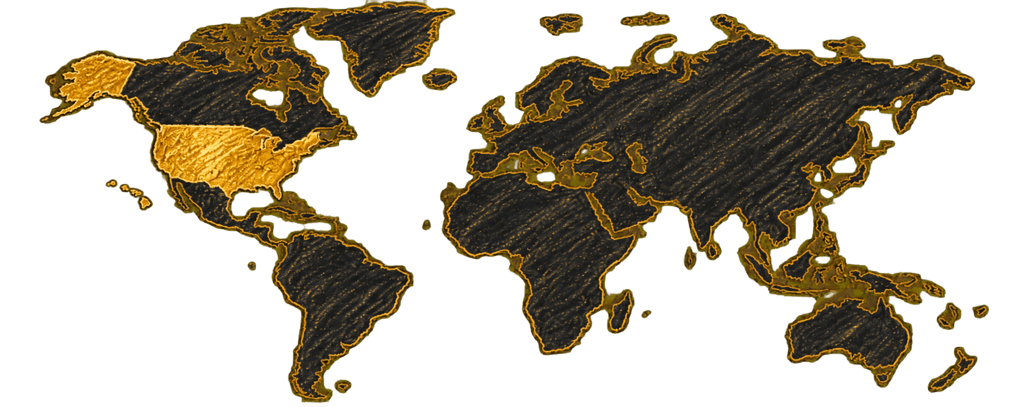 World map with the United States highlighted in gold